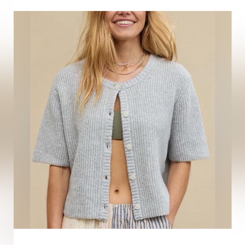 Aerie UnREAL Gray Short Sleeve Button Cardigan Sweater size Medium